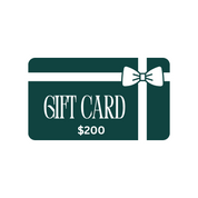 A dark green gift card icon featuring a white ribbon and bow design, with the words "GIFT CARD" in bold white letters centered on the card. This design represents available denominations of $200.