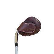 Studio shot of leather golf iron covers in brown neatly arranged to showcase their smooth texture, precise stitching, and minimalist design under soft lighting.